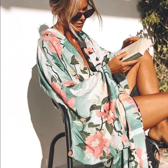 Perching Kimono robe / wrap / cover up turquoise & pink ( deep teal ) gift airy - Picture 8 of 16